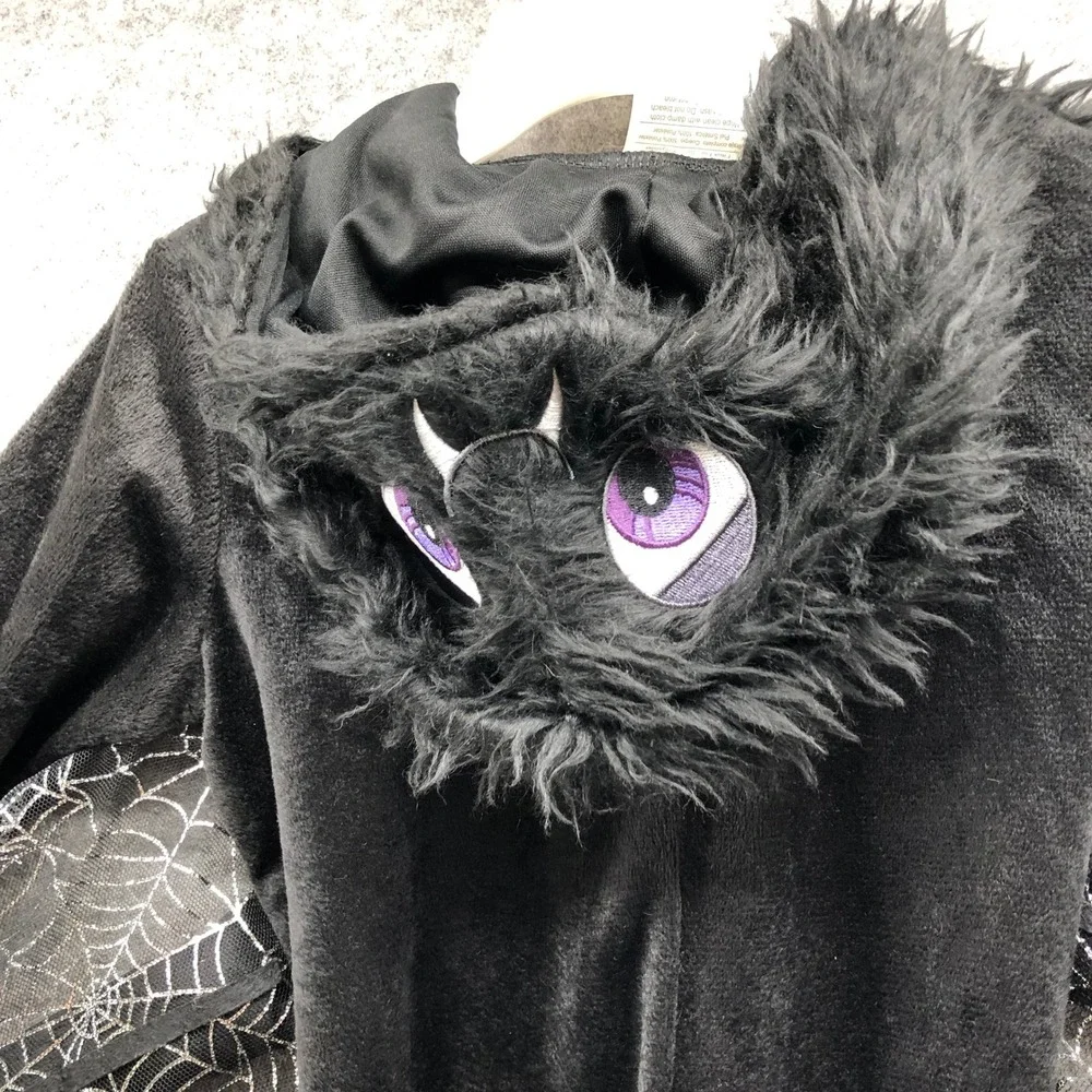 Baby Kids 6-12M Spider Jumpsuit Halloween Costume Black Plush Webbing Hooded